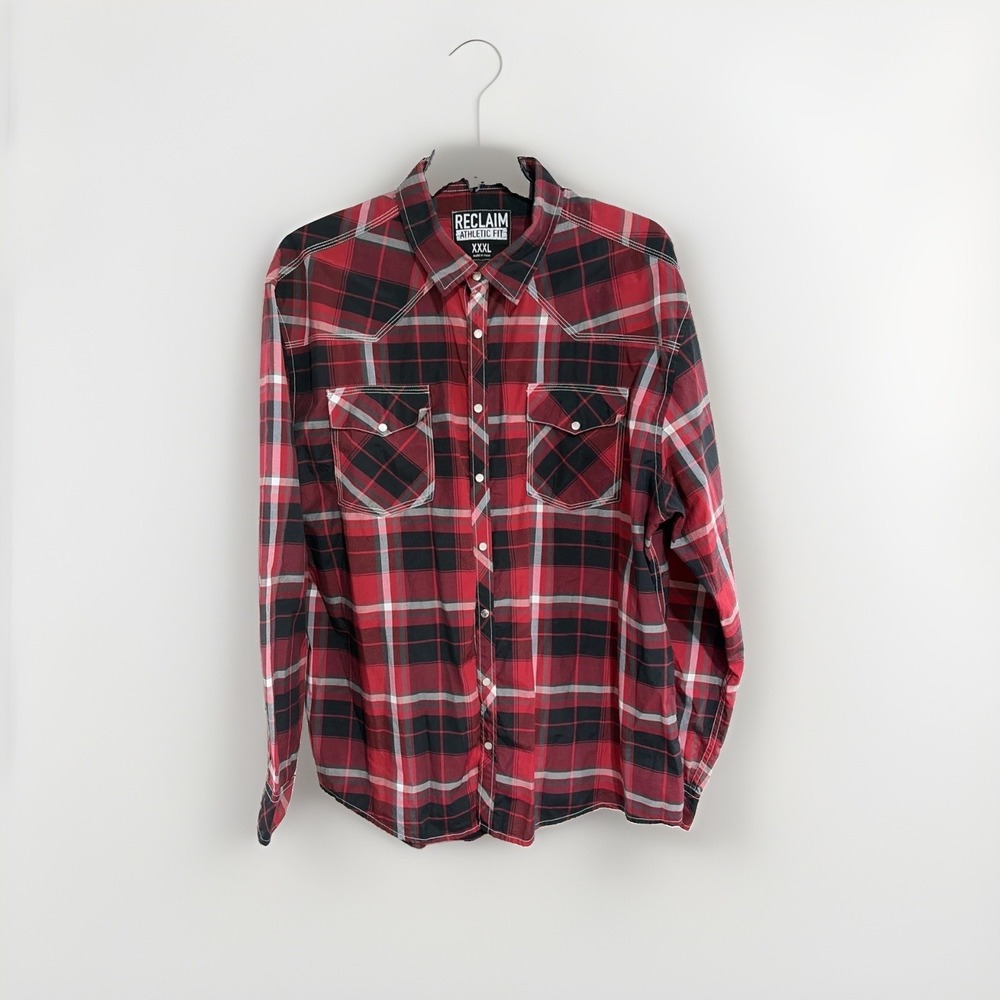 Reclaim Athletic Fit Shirt Mens 3XL Red Black Plaid Pearl Snap Western EUC W33